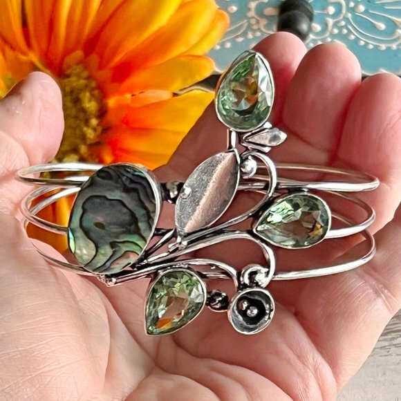 Abalone Shell Peridot Bangle Bracelet Handmade Stone Gemstone Crystal 925 Silver - Picture 3 of 13